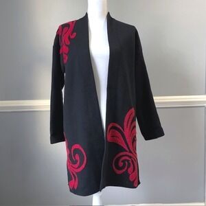 Chico's Black Open Front Cardigan Red Scroll Knit Jacket Size 1 (M/L) Artsy